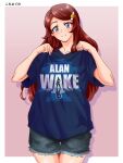  1girl alan_wake_(game) bangs blue_eyes blue_shirt blush brown_hair clothes_pull collarbone denim denim_shorts hair_ornament hairclip head_tilt highres jazz_kawa_sodom jikkyou_powerful_pro_yakyuu long_hair power_pro_appli shirt shirt_pull shorts smile solo swept_bangs t-shirt tatehashi_minato torn_clothes torn_shorts 