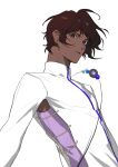  1boy arjuna_(fate) armpit_cutout bangs bishounen black_hair chinese_commentary closed_mouth clothing_cutout commentary_request dark-skinned_male dark_skin expressionless fate/extella fate/extella_link fate/extra fate/grand_order fate_(series) highres indian_clothes keapriciti long_sleeves looking_at_viewer male_focus short_hair simple_background solo upper_body white_background 