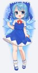  1girl absurdres bangs belt blue_background blue_belt blue_bow blue_dress blue_eyes blue_footwear blue_hair blush bow bowtie cirno cirno_day collared_shirt commentary_request dress frills full_body grey_background grey_shirt grey_socks hair_between_eyes hand_up hankaku_minami high_collar highres ice ice_wings looking_to_the_side open_mouth puffy_short_sleeves puffy_sleeves red_bow red_bowtie shirt shoes short_hair short_sleeves smile snowflake_print snowflakes socks solo standing tongue touhou white_socks wings 