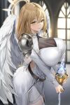  1girl absurdres angel angel_wings armor back_cutout belt blonde_hair blurry blush breasts center_opening chalice church cleavage clothing_cutout cross cup dagger depth_of_field dress eyelashes feathered_wings garter_straps hair_between_eyes halo highres holding holding_cup huge_breasts knife large_breasts lillly long_hair looking_at_viewer original pauldrons shoulder_armor side_slit smile solo thighhighs weapon white_dress white_thighhighs wings yellow_eyes 