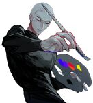  1boy absurdres azisaiharumaki56 brush closed_mouth highres holding holding_brush holding_paintbrush holding_palette looking_at_viewer male_focus paint paintbrush palette_(object) sakamaki_deido simple_background solo souboutei_kowasu_beshi turtleneck white_background white_eyes white_hair wide-eyed 