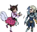  2girls :d ahri_(league_of_legends) alternate_costume animal_ears armor bangs black_bodysuit black_gloves blonde_hair bodysuit brown_hair card commentary_request covered_navel diana_(league_of_legends) fang feet_out_of_frame fingerless_gloves fox_ears fox_girl fox_tail gloves grey_background holding holding_card league_of_legends long_hair long_sleeves multiple_girls orange_eyes phantom_ix_row pink_shirt pink_skirt purple_footwear shirt short_hair shoulder_armor simple_background skirt smile tail teeth whiskers 