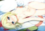  1girl aties20 bangs blonde_hair blue_eyes blush breasts commentary english_commentary irida_(pokemon) looking_at_viewer lying navel nipples nose_blush on_back parted_lips pillow pokemon pokemon_(game) pokemon_legends:_arceus pussy small_breasts solo thigh_gap uncensored 