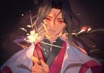  1boy black_hair black_nails chinese_clothes facial_mark forehead_mark hanfu highres holding_fireworks long_hair looking_at_viewer luo_binghe male_focus open_mouth ren_zhafan_paijizu_xitong sakuramochi1003 smile solo 