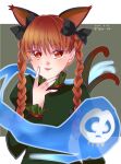  1girl :p animal_ears bow braid cat_ears cat_tail dress green_dress hair_bow harunonanashiki highres hitodama kaenbyou_rin long_sleeves multiple_tails nekomata red_eyes red_hair solo tail tongue tongue_out touhou twin_braids two_tails 