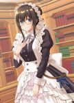  1girl alternate_costume apron black_hair blue_eyes book book_stack bookshelf breasts buttons dress enmaided frilled_dress frills glasses hida_tatsuo idolmaster idolmaster_cinderella_girls indoors long_sleeves looking_at_viewer maid maid_headdress medium_breasts sagisawa_fumika smile solo 