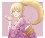  1girl absurdres bangs blonde_hair blush commentary commission danganronpa_(series) danganronpa_2:_goodbye_despair flustered furisode hair_between_eyes hair_ornament hair_scrunchie highres japanese_clothes kimono long_hair looking_at_viewer obi open_mouth paw_pose pink_background pink_kimono pink_scrunchie ponytail saionji_hiyoko sash scrunchie simple_background solo squatting treerootbeard two-tone_background white_background yellow_eyes 