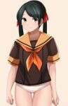  1girl ass_visible_through_thighs black_hair brown_shirt grey_eyes highres kantai_collection long_hair mikuma_(kancolle) mori_tarou neckerchief orange_neckerchief orange_sailor_collar original_remodel_(kantai_collection) panties sailor_collar school_uniform serafuku shirt short_sleeves solo standing thigh_gap twintails underwear white_panties 