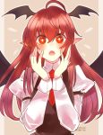  1girl bat_wings blush bright_pupils d: flying_sweatdrops hands_on_own_cheeks hands_on_own_face harunonanashiki head_wings koakuma long_hair long_sleeves open_mouth pointy_ears puffy_sleeves red_eyes red_hair shirt solo touhou vest wings 