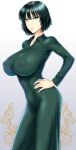  1girl alternate_breast_size bangs black_hair breasts collared_dress commentary_request covered_navel covered_nipples dress fubuki_(one-punch_man) green_dress green_eyes hand_on_hip highres huge_breasts long_sleeves looking_at_viewer one-punch_man parted_lips short_hair simple_background solo st.germain-sal taut_clothes taut_dress 