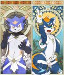  absurd_res anthro blue_body blue_fur canid canine clothed clothing detailed_background duo eyebrows fur green_eyes grin hi_res male mammal navel one_eye_closed raizinndx skimpy slim small_waist smile thick_eyebrows wink yellow_eyes 