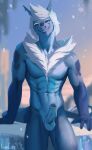  abs anthro balls blue_body blue_eyes blurred_background bodily_fluids chest_tuft dragon dripping erection foreskin genital_fluids genitals hair horn ice looking_at_viewer lynncore male muscular muscular_male navel nude outside penis precum precum_drip scales scalie sitting smile snow solo teeth tuft white_hair 