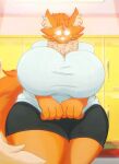  absurd_res animal_humanoid anthro big_breasts bottomwear breast_squish breasts canid canid_humanoid canine canine_humanoid casual_clothing clothing detailed detailed_background female fluffy fluffy_tail fox fox_humanoid fur fur_tuft gym_bottomwear gym_clothing gym_shorts hair hi_res huge_breasts humanoid inner_ear_fluff jasper_persimmon locker_room mammal mammal_humanoid nervous nervous_smile nightlyflare orange_body orange_fur orange_hair pulling_shirt_down shirt shorts smile solo solo_focus sportswear squish thick_thighs topwear tuft tugging_clothing white_clothing white_eyes white_shirt white_topwear wide_hips 