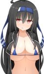 1girl alternate_breast_size black_hair breasts collarbone hachimaki hatsushimo_(kancolle) headband highres kantai_collection large_breasts licking_lips long_hair micro_bra navel open_clothes open_shirt red_eyes simple_background solo tongue tongue_out yamato_tachibana 