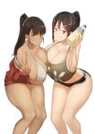  2girls bangs black_hair black_shorts blunt_bangs bottle bra breast_press breasts brown_eyes cleavage collarbone dark-skinned_female dark_skin dolphin_shorts green_tank_top grin hair_between_eyes highres holding holding_bottle huge_breasts jacket lactation long_hair looking_at_viewer multiple_girls original ponytail red_jacket short_shorts shorts sidelocks smile soia180 standing symmetrical_docking tank_top teeth thick_thighs thighs underwear v white_bra 