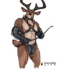  2022 absurd_res anthro antlers balls_outline biceps black_antlers black_clothing black_jockstrap black_underwear bondage_gear brown_body brown_fur bulge cervid chest_tuft clothing collar fur genital_outline gloves handwear harness hi_res horn jockstrap latex_gloves looking_at_viewer male mammal multicolored_body multicolored_fur neck_tuft patreon patreon_logo pecs penis_outline redishdragie riding_crop shoulder_tuft signature simple_background solo standing tail_tuft tan_body tan_fur tuft two_tone_body two_tone_fur underwear whip white_background 