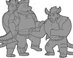  2022 alligator alligatorid anthro bottomwear brok_(character) brok_the_investigator clothing crocodilian dart_(brok_the_investigator) fight gensuke group hat headgear headwear humanoid_hands kemono male mammal murid murine pants rat reptile rodent scalie shirt slightly_chubby squealers_chief topwear video_games 