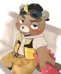  animal_crossing anthro backwards_hat beaver blonde_hair blush bottomwear brown_body brown_fur c.j._(animal_crossing) clothing duo erection eyewear first_person_view flick_(animal_crossing) foreskin freckles fur genitals hair hat headgear headwear hi_res kemoizumi male male/male mammal nintendo penis pulling_hand red_body rodent short_down shorts sunglasses video_games 