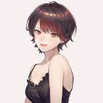  1girl bare_shoulders black_shirt breasts brown_hair camisole cleavage earrings frilled_shirt frills grey_background highres jewelry looking_at_viewer medium_breasts open_mouth original red_eyes shirt shore short_hair simple_background sinomi solo upper_body 