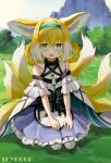  1girl absurdres animal_ear_fluff animal_ears aqua_hairband arknights artist_name bangs blonde_hair blush dress flower fox_ears fox_girl fox_tail grass green_eyes hair_rings hairband highres kitsune kyuubi lily_of_the_valley mountain multicolored_hair multiple_tails open_mouth oripathy_lesion_(arknights) outdoors sitting skydrop solo sunlight suzuran_(arknights) tail tree 