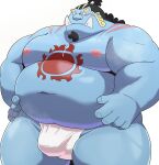  2022 anthro asian_clothing belly big_belly blue_body bulge clothing east_asian_clothing fish-men_(one_piece) fundoshi hi_res humanoid_hands japanese_clothing jinbe kemono male marine moobs navel nipples omo_kemo one_piece overweight overweight_male simple_background solo underwear white_clothing white_fundoshi white_underwear 