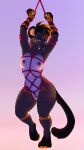  absurd_res anthro arms_tied bdsm bitesize_art blue_eyes bondage bound dark_body felid feline female hi_res looking_at_viewer looking_pleasured machairodontine mammal mohawk pinup pose restraints rope rope_bondage rope_harness smilodon smilodon_fatalis solo spots tongue tongue_out 