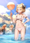  3girls absurdres arknights arm_strap ball bandages bare_arms bare_shoulders beachball big_ugly_(arknights) bikini blonde_hair blue_sky brown_hair ceobe_(arknights) ceobe_(summer_flowers)_(arknights) chest_sarashi cloud commentary_request day hand_on_hip highres horns ifrit_(arknights) ifrit_(sunburn)_(arknights) index_finger_raised kirigirisu1221 long_hair looking_at_viewer multiple_girls navel oripathy_lesion_(arknights) partial_commentary sarashi short_hair sky standing stomach swimsuit thighs utage_(arknights) utage_(summer_flowers)_(arknights) very_long_hair wading water white_bikini yellow_eyes 