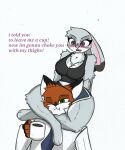  anthro asphyxiation beverage big_breasts blush bottomwear breasts choking clothing coffee disney duo female hi_res hotpants judy_hopps male male/female nick_wilde pace-maker shorts thick_thighs thighs zootopia 