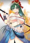  1girl absurdres blue_skirt breasts chest_sarashi fire fire_emblem fire_emblem:_the_blazing_blade fire_emblem_heroes green_eyes green_hair highres holding holding_polearm holding_weapon japanese_clothes large_breasts looking_at_viewer lyn_(fire_emblem) navel official_alternate_costume polearm ponytail rope_belt sarashi single_bare_shoulder skirt tara_(szzj7733) weapon 
