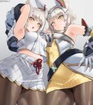  2girls animal_ears bangs bare_shoulders blush breasts cat_ears grey_hair highres jtveemo looking_at_viewer medium_breasts mio_(xenoblade) multiple_girls nia_(xenoblade) open_mouth short_hair smile thighs xenoblade_chronicles_(series) xenoblade_chronicles_3 yellow_eyes 