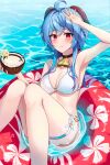  1girl absurdres ahoge alternate_costume arm_up armpits bare_arms bare_legs bare_shoulders bell bikini black_choker blue_hair blush breasts choker cleavage closed_mouth coconut_cup cowbell day drink drinking_straw feet_out_of_frame ganyu_(genshin_impact) genshin_impact goat_horns hand_on_own_head hidel highres holding holding_drink horns innertube knees_together_feet_apart large_breasts looking_at_viewer medium_breasts navel neck_bell o-ring o-ring_bikini outdoors red_eyes sitting solo swimsuit thigh_strap thighs water wet white_bikini 