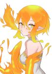  1girl bare_shoulders breasts breathing_fire detached_collar dress ear_piercing fiery_hair fiery_wings fire flame harpy looking_at_viewer medium_breasts monster_girl orange_eyes original piercing pointy_ears pursed_lips solo thus0thus white_background white_dress winged_arms wings 