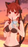  1girl animal_ears ao_orin_ringo beach bikini bow braid cat_ears cat_tail cloud cup drinking_straw dusk eyebrows_hidden_by_hair front-tie_top gradient_sky highres kaenbyou_rin multiple_tails nekomata open_mouth orange_sky red_eyes red_hair sky solo sunset swimsuit tail touhou twilight twin_braids two_tails 