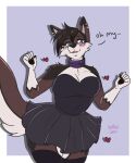  anthro aura_(aurathedanishhusky) big_breasts big_butt blush bottomwear breasts butt canid canine canis clothed clothing collar crossgender digital_media_(artwork) domestic_dog ear_piercing female fluffy fluffy_tail fur hair hair_over_eyes hi_res huge_breasts huge_hips huge_thighs husky looking_at_viewer mammal mtf_crossgender nordic_sled_dog piercing simple_background skirt smile smirk solo solo_focus spitz text thathuskyaura thick_thighs vanguardheart 