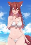  1girl :d animal_ear_fluff animal_ears bangs bare_arms bare_shoulders beach bikini blue_sky blush breasts cleavage cloud commission cowboy_shot day front-tie_top hair_between_eyes halterneck hand_up highres index_finger_raised long_hair looking_at_viewer medium_breasts multi-strapped_bikini navel ocean open_mouth original outdoors panties red_hair red_tail sidelocks skeb_commission skindentation sky smile solo string_panties swimsuit tail thighs underwear white_bikini wolf_ears wolf_girl wolf_tail yellow_eyes yuzuruka_(bougainvillea) 