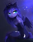  absurd_res anthro anthrofied armwear blue_body blue_eyes blue_fur blue_hair blue_theme breasts cleavage clothed clothing crown dress elbow_gloves equid equine friendship_is_magic fur gloves hair handwear hi_res horn jewelry legwear looking_up magnaluna mammal my_little_pony necklace princess_luna_(mlp) sitting solo stockings tiara winged_unicorn wings 