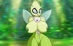  ambiguous_gender antennae_(anatomy) anthro between_breasts big_breasts blue_eyes blue_wings bodily_fluids breasts celebi drooling duo exposed_breasts eyes_closed female female/ambiguous fur generation_2_pokemon green_body green_nipples hi_res insect_wings legendary_pokemon long_tail looking_down mew navel nervous nervous_smile nintendo nipples open_mouth pink_body pink_fur pokemon pokemon_(species) pokemorph saliva sitting small_waist smile velvet-gene video_games wide_hips wings 