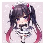  1girl :o apron bangs bat_hair_ornament black_bow black_footwear black_hair black_skirt black_wings blush bow breasts cleavage commentary_request demon_girl demon_horns demon_wings elbow_gloves fang frilled_skirt frills full_body gloves gradient_hair grey_background hair_ornament horns long_hair looking_at_viewer maid maid_headdress mini_wings mitsuba_choco multicolored_hair open_mouth original purple_eyes red_hair shoes skirt small_breasts solo thighhighs twintails twitter_username two-tone_background very_long_hair waist_apron white_apron white_background white_gloves white_thighhighs wings 