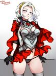  1girl armor ass_visible_through_thighs black_panties blush breasts cape closed_mouth edelgard_von_hresvelg fire_emblem fire_emblem:_three_houses fire_emblem_warriors:_three_hopes gloves hair_ornament hair_ribbon long_hair looking_at_viewer mina_cream official_alternate_costume official_alternate_hairstyle panties purple_eyes red_cape ribbon simple_background skirt smile solo underwear white_hair 