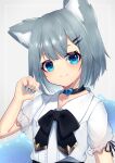  1girl absurdres animal_ear_fluff animal_ears black_bow black_choker blue_eyes blue_nails bow cat_ears center_frills choker closed_mouth collared_shirt frills grey_background grey_hair hair_ornament hairclip highres hinata_(user_rjkt4745) looking_at_viewer nail_polish original puffy_short_sleeves puffy_sleeves shirt short_sleeves slime_(creature) smile solo upper_body white_shirt 