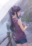  1girl bare_arms blue_shorts blurry blurry_background breasts building cowboy_shot day highres holding holding_umbrella long_hair looking_at_viewer looking_back love_live! love_live!_sunshine!! matsuura_kanan medium_breasts outdoors parted_lips ponytail purple_eyes purple_hair purple_shirt shamakho shirt shorts sidelocks signature sleeveless sleeveless_shirt solo_focus tree umbrella 