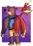  anthro avian backpack banjo-kazooie banjo_(banjo-kazooie) beak bird bottomwear breegull brown_body brown_fur clothing duo feathers female feral fur green_eyes head_tuft judging kazooie low_res male mammal pants potoobrigham purple_background rareware red_body red_feathers simple_background simple_eyes tongue tongue_out tuft ursid video_games yellow_body yellow_bottomwear yellow_clothing yellow_feathers yellow_pants 