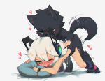  1boy 1girl ;d all_fours animal_ears aqua_eyes bangs black_fur blush body_fur borrowed_character commentary digitan_(porforever) dog_boy dog_ears dog_tail doggystyle electric_plug english_commentary fang furry furry_male furry_with_non-furry green_eyes hair_between_eyes happy_sex headphones heart highres interspecies kneehighs lightning_bolt_symbol long_hair nose_blush one_eye_closed open_mouth original overflow pillow porforever sex simple_background smile socks striped striped_socks sweat tail tail_wagging tail_wrap white_background white_hair 