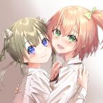  2girls amamiya_sophia_seren assault_lily bangs blush bow bowtie braid brown_hair cheek-to-cheek closed_mouth collared_shirt commentary from_side gradient gradient_background green_bow green_eyes grey_background hair_between_eyes hair_bow hair_ribbon hand_on_another&#039;s_back hand_on_another&#039;s_chest hand_up hands_up heads_together highres hug kajiki_arashi kishimoto_lucia_raimu long_hair long_sleeves looking_at_viewer looking_to_the_side ludvico_private_girls&#039;_academy_school_uniform multiple_girls mutual_hug one_side_up open_mouth orange_bow orange_bowtie orange_hair purple_eyes ribbon school_uniform shiny shiny_hair shirt short_hair smile twin_braids twintails upper_body white_background white_ribbon white_shirt yuri 