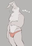  anthro bebebebebe biped chest_tuft clothing eyes_closed flaccid genitals grey_body hi_res japanese_text jockstrap lagomorph leporid male mammal open_mouth penis rabbit simple_background solo text translation_request tuft underwear 
