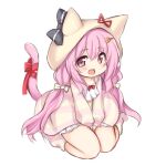  1girl absurdres animal_ear_headwear animal_ears azur_lane between_legs bow cardigan cat_ears cat_girl cat_tail child female_child hair_bow hair_ornament hairclip hand_between_legs highres kinomiki_nobori kisaragi_(azur_lane) long_hair open_mouth pink_eyes pink_hair ribbon simple_background sitting smile socks solo striped striped_cardigan striped_socks tail tail_ornament tail_ribbon thighs twintails white_background white_headwear 