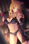  1girl alcohol animal_ears avatar_(ff14) bangs bare_shoulders black_bra black_panties blonde_hair blue_eyes blush bra breasts cat_ears cleavage collarbone commission cup drinking_glass emanon123 facial_mark final_fantasy final_fantasy_xiv highres large_breasts long_hair long_sleeves looking_at_viewer miqo&#039;te panties skeb_commission smile solo swept_bangs thighs underwear whisker_markings wine wine_glass 