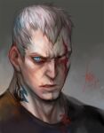  1boy adam&#039;s_apple blood blood_from_eyes bryan_fury double_chin frown looking_at_viewer male_focus mature_male neck_tattoo portrait serious shirt short_hair sideburns solo t-shirt tattoo tekken veiny_face white_hair yi_lee 