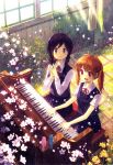  2girls ahoge bird braid breasts brown_hair cherry_blossoms curtains floor flower from_above grass highres indoors instrument itou_hachi long_hair long_sleeves looking_at_another medium_breasts moss multiple_girls music non-web_source original overgrown petals piano playing_instrument playing_piano pleated_skirt purple_eyes purple_hair red_eyes scan school_uniform short_sleeves sitting skirt smile twin_braids twintails window window_shade wooden_floor yellow_flower 