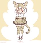  1girl animal_ears arms_up belt bow bowtie cat_ears cat_girl cat_tail coroha elbow_gloves extra_ears full_body glasses gloves grey_background grey_hair jumping kemono_friends long_hair looking_at_viewer margay_(kemono_friends) shirt shoes simple_background skirt sleeveless sleeveless_shirt solo tail thighhighs 